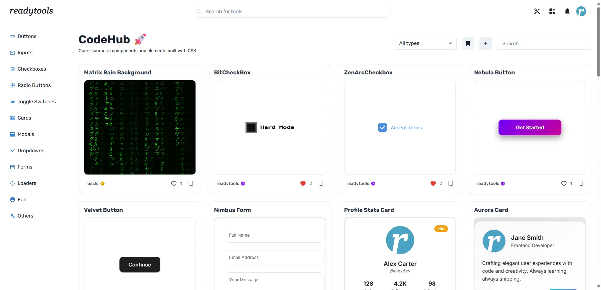 Vista previa de CodeHub plataforma de fragmentos HTML UI