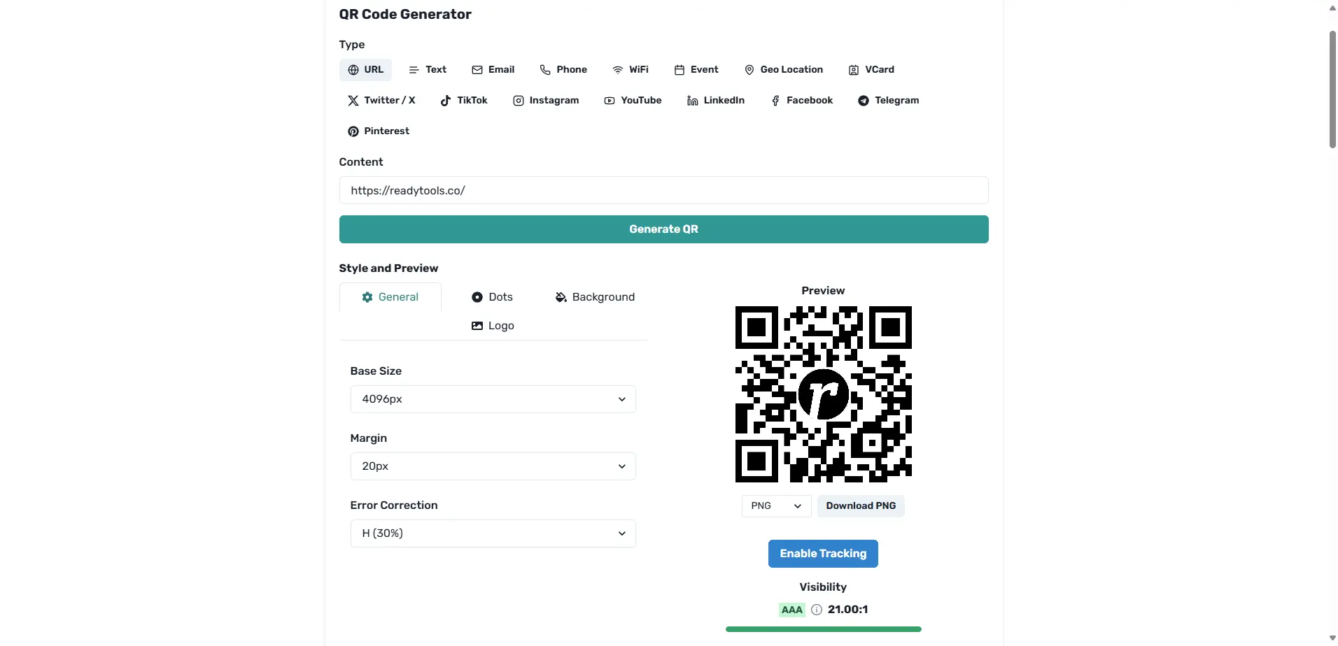 Vista previa del Generador de QR de ReadyTools