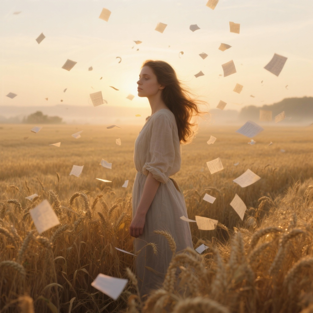woman standing alone in a field surrounded by floating papers